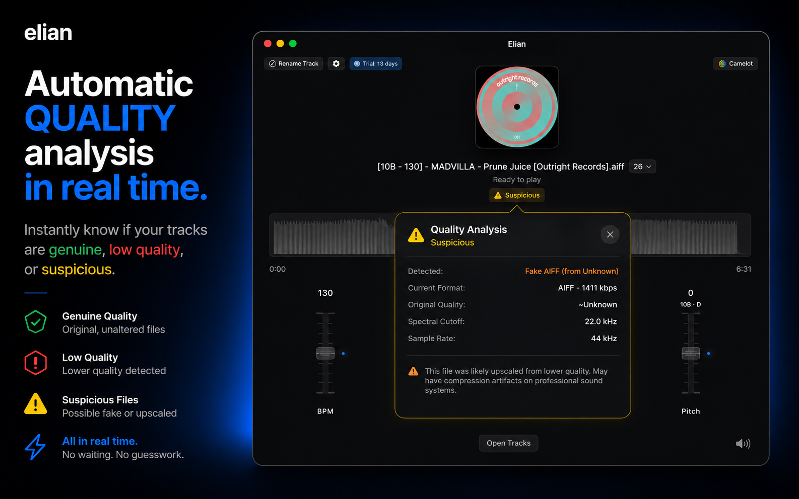 elian quality analysis modal showing Suspicious file with spectral data